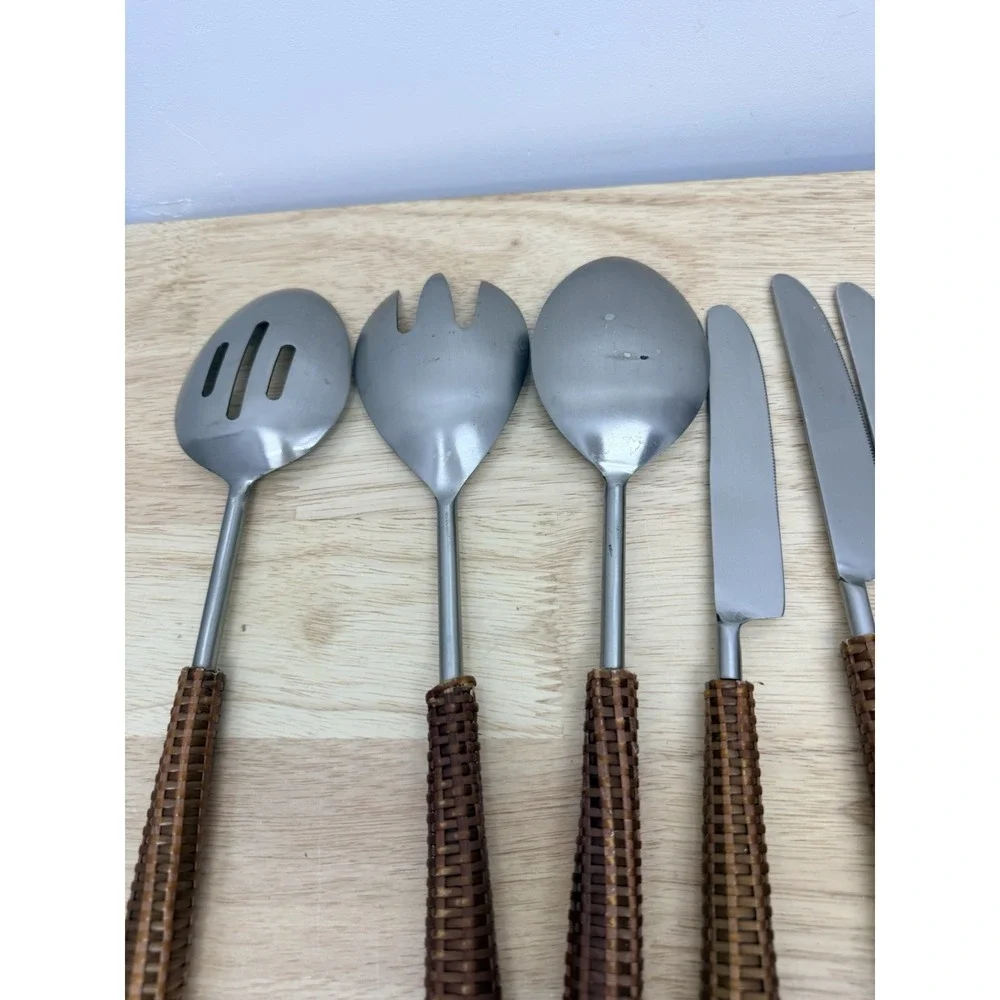 Rattan Woven Handle Flatware Set Boho Coastal Stainless Utensils Lot Of 20 #14